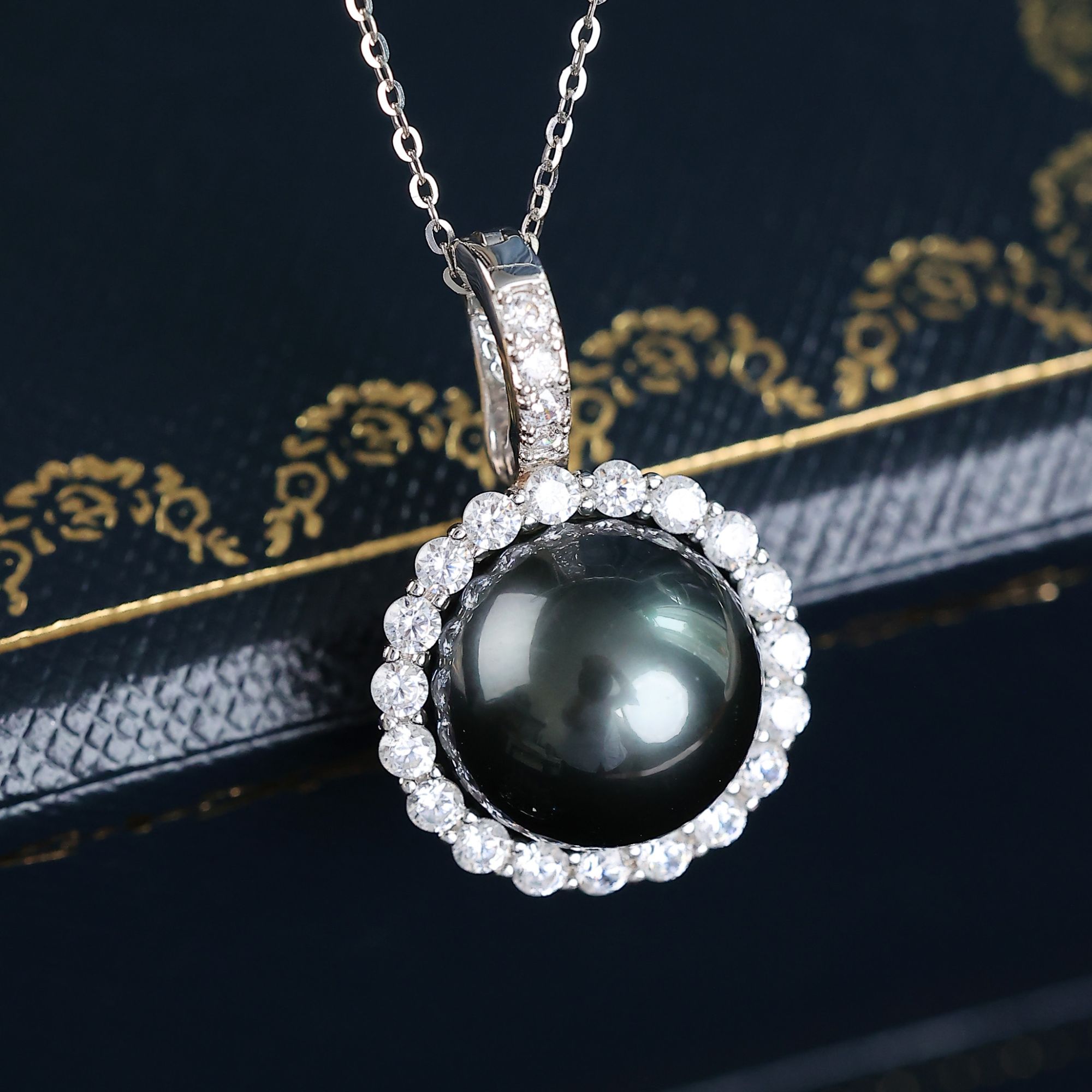 大溪地黑珍珠吊坠12-13mm强光太阳花链坠925银万能扣多样性发一