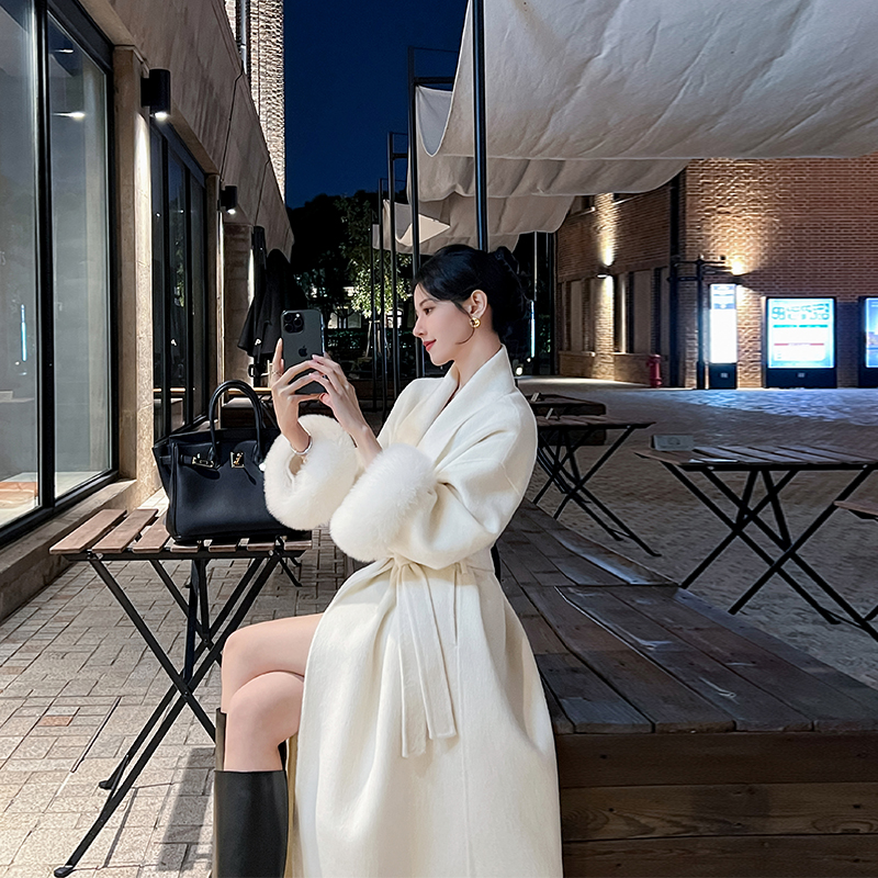 双面羊绒大衣女2025年新款高级感狐狸毛袖口宽松气质秋冬毛呢外套