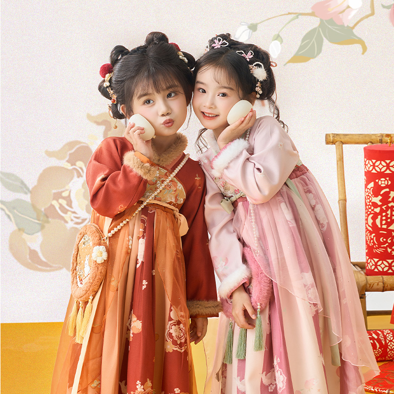 十三余童装[柿柿桃苒]中国风双色拜年服儿童襦裙春秋刺绣连衣裙