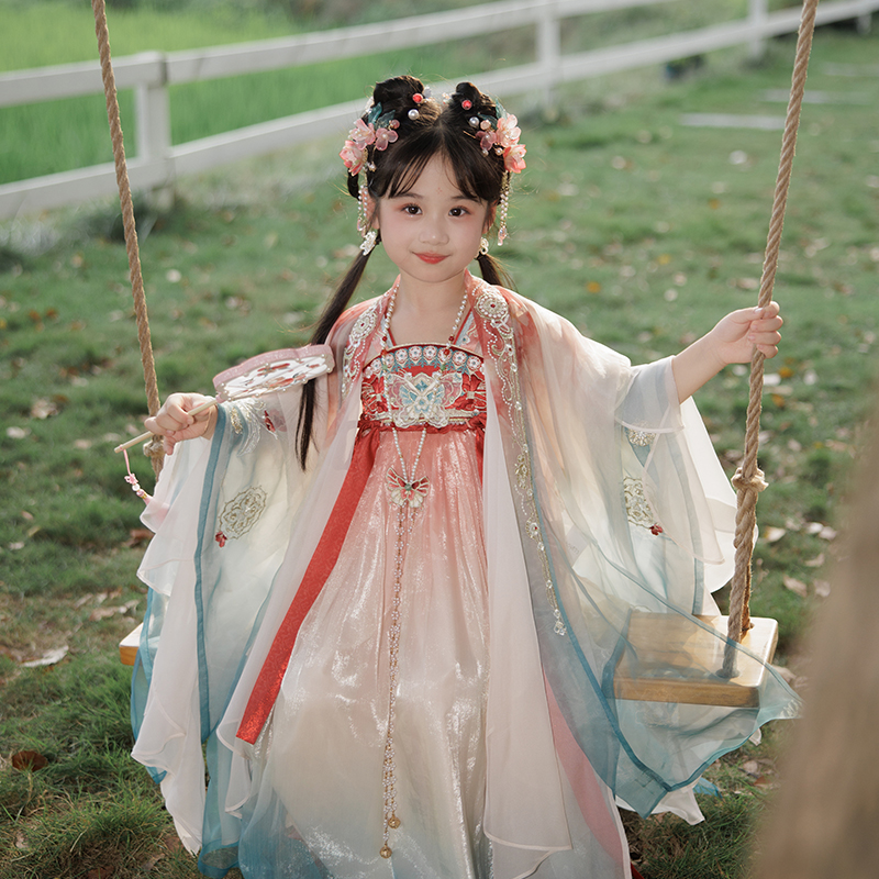 [玄鸟惊云]十三余童装中国风双外衫撞色刺绣套装女童