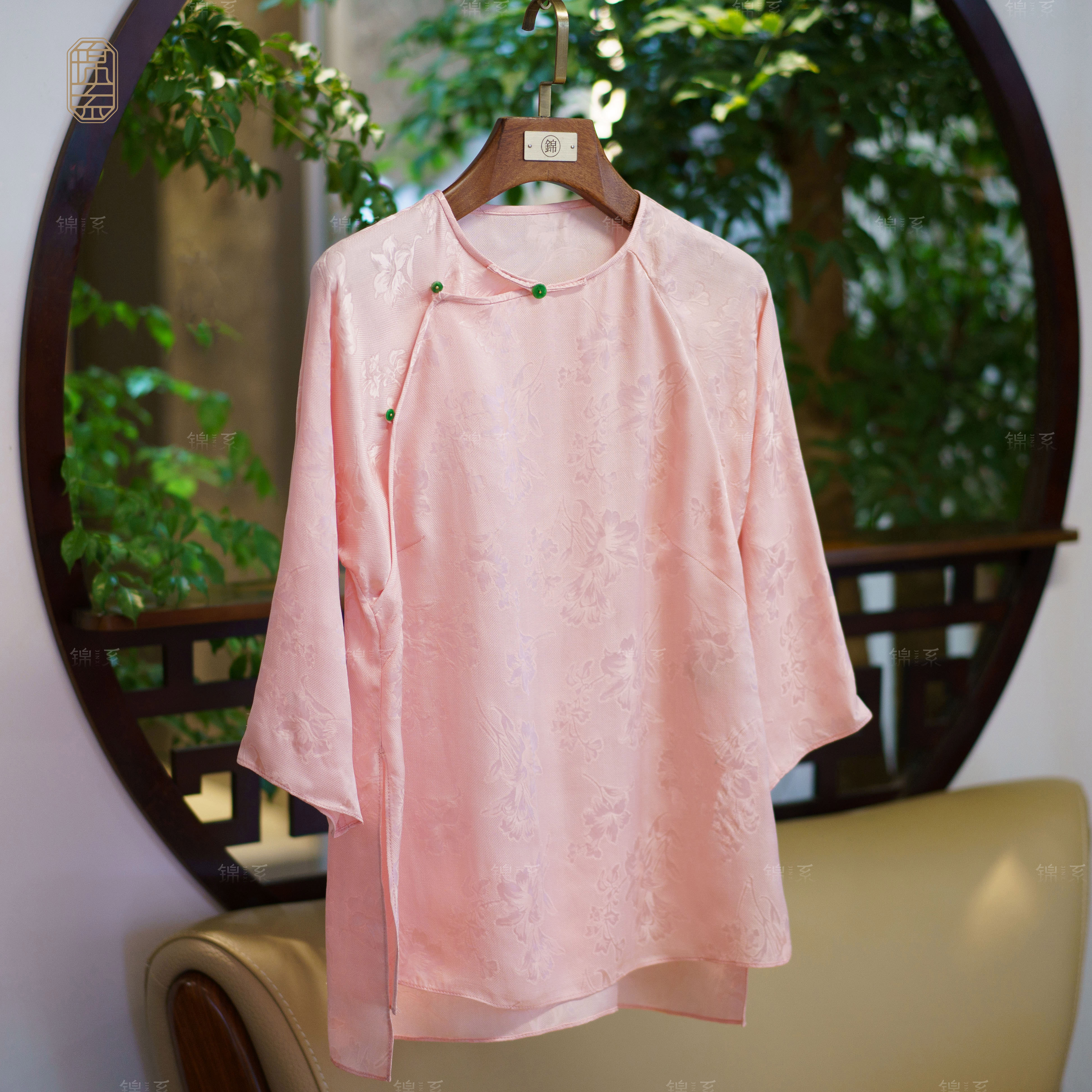 【锦系】真丝花罗新中式国风桑蚕丝圆领斜襟七分袖上衣C-382088