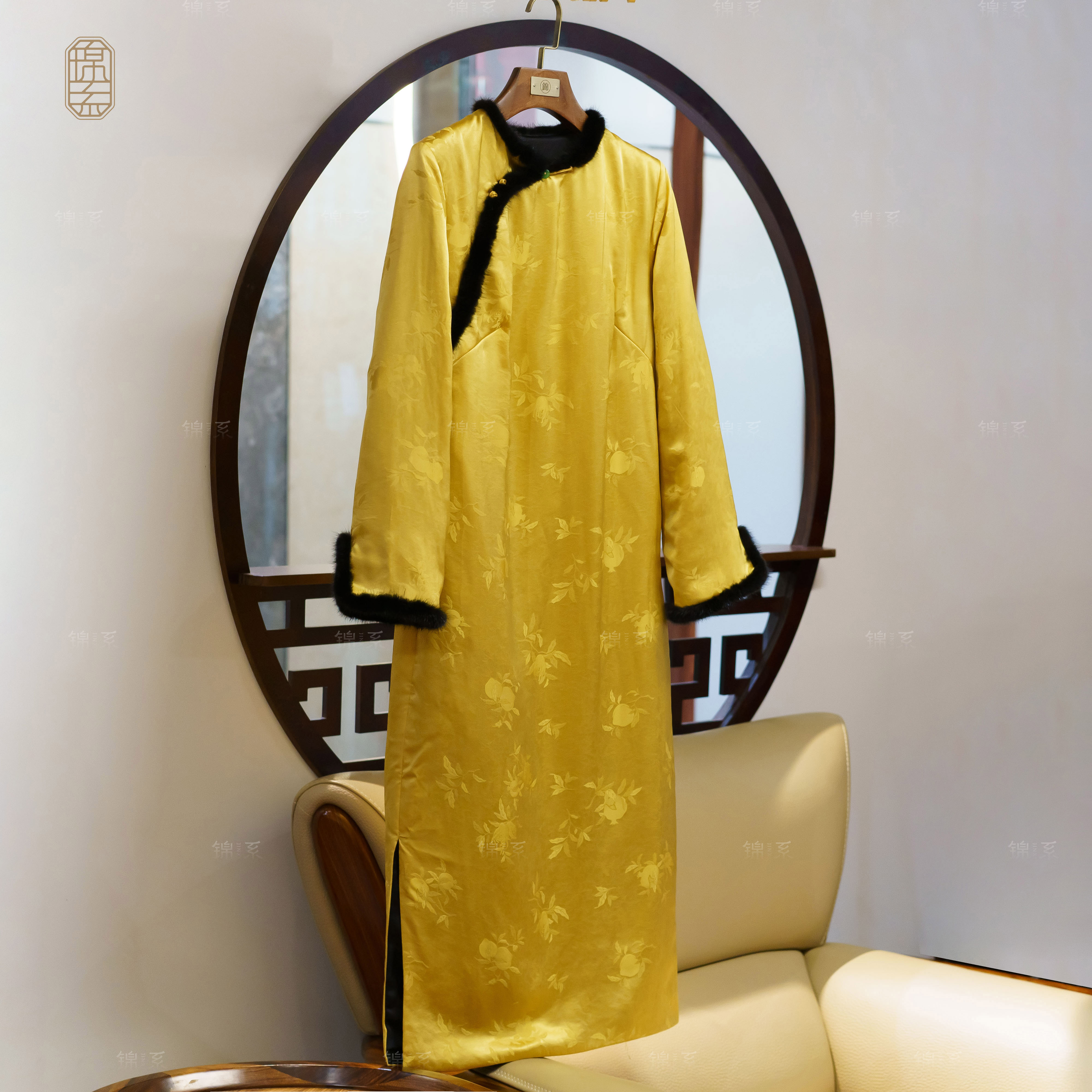 【锦·系】桑波缎中式国风桑蚕丝圆领斜襟加棉长袖连衣裙L-382234