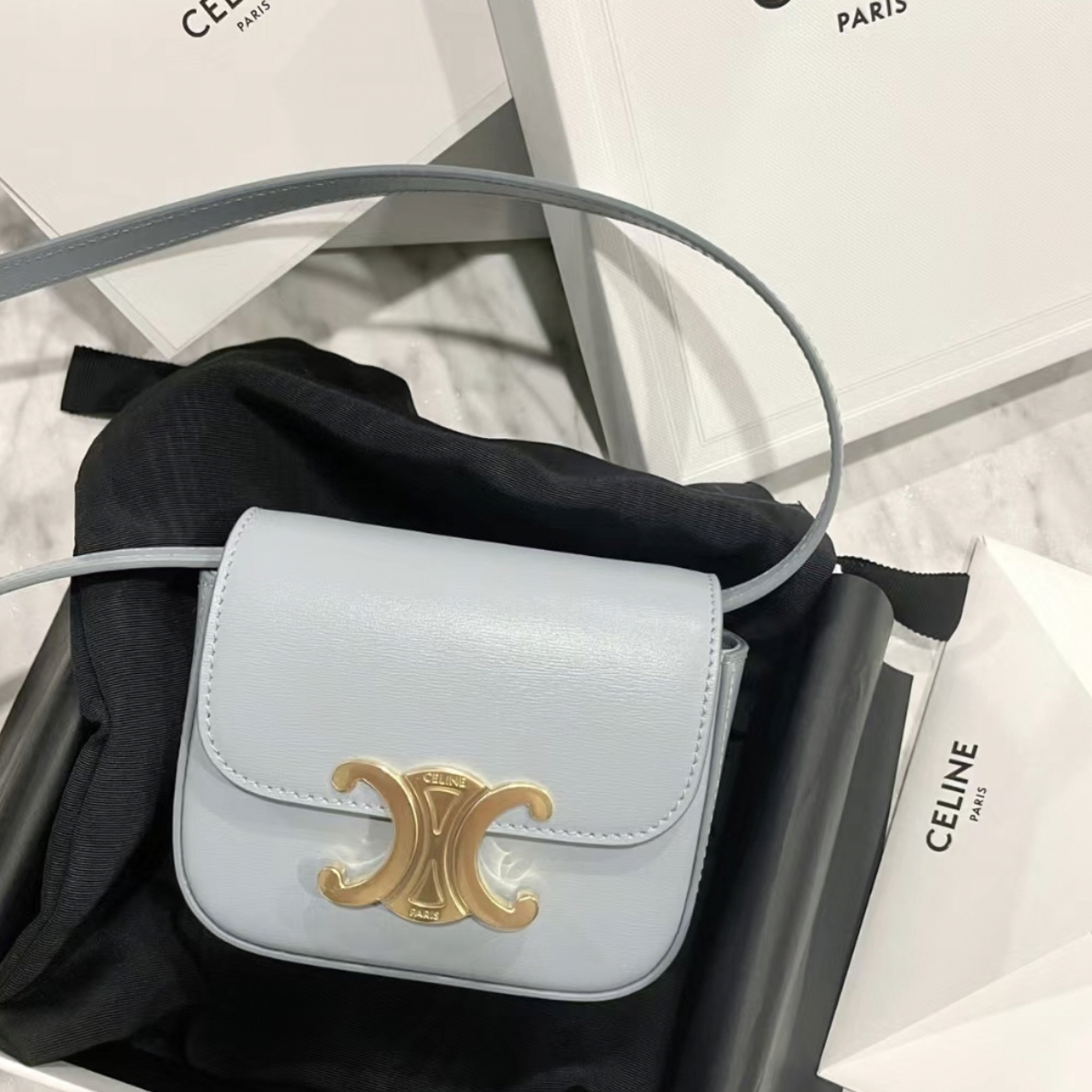 95新  瑟琳雾霾蓝迷你凯旋门小废包【R240490658】