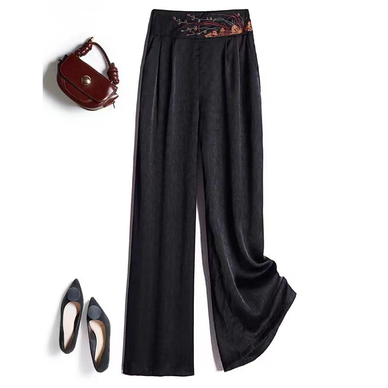 新款时尚百搭龟裂纹直筒绣花长裤