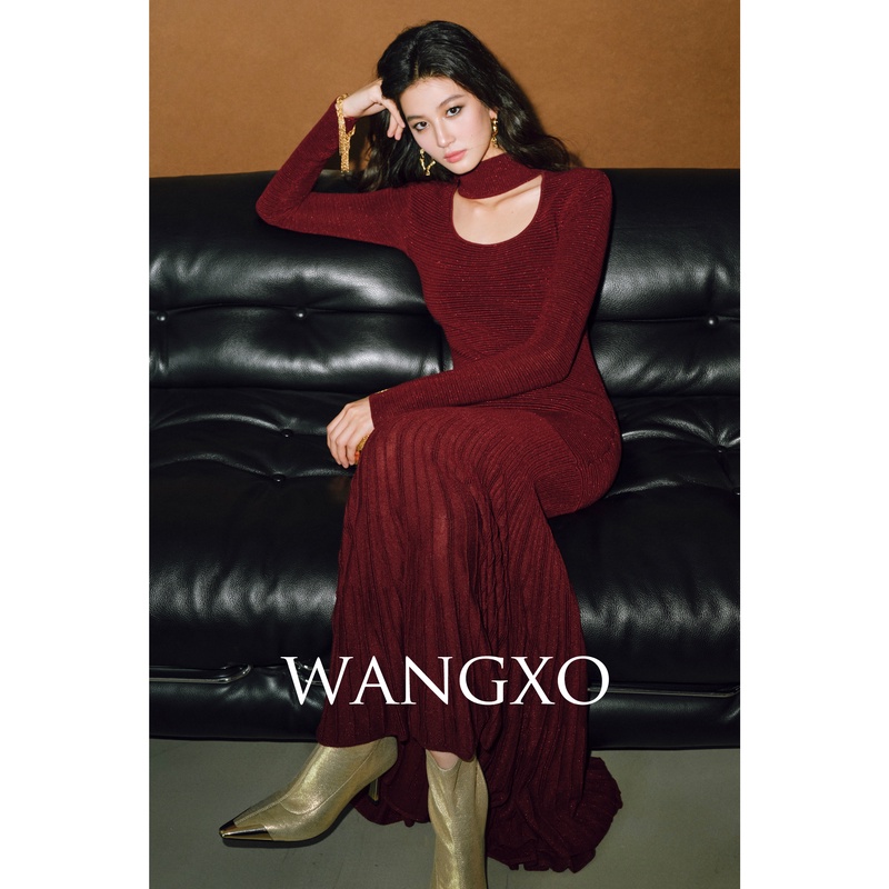 WANGXO 挂脖镂空针织收腰针织鱼尾裙 240987W