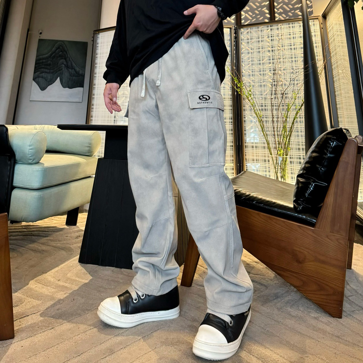 【胖友大码】秋季大码男装微胖潮牌直筒男装脏杏色工装裤