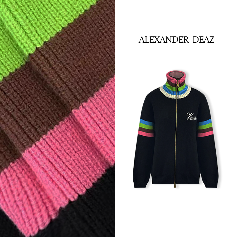 2024 新款拼色设计中高领条纹刺绣长袖针织开衫外套A8028【YT】