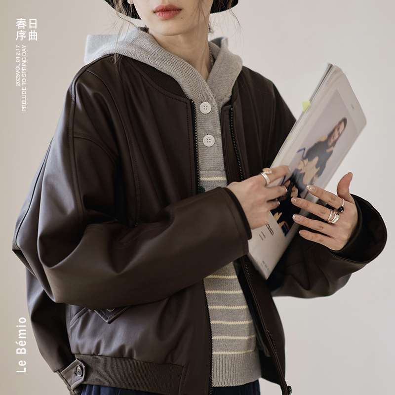 「白描工作间」“重回90”美式复古oversize休闲短款宽松皮衣外套