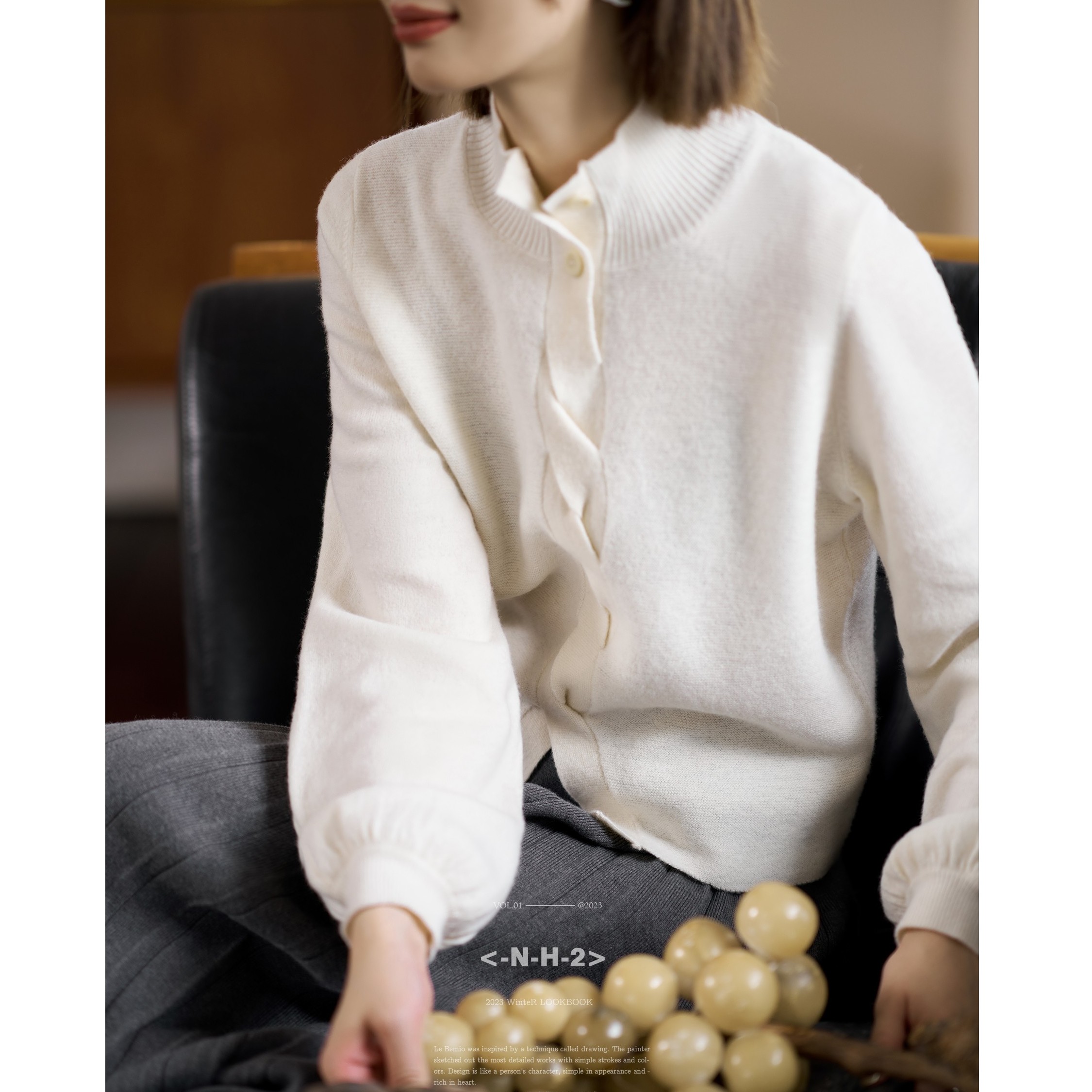 白描工作间 “秋天的诗”美丽诺泡泡袖毛衣设计针织衫气质纯色上衣