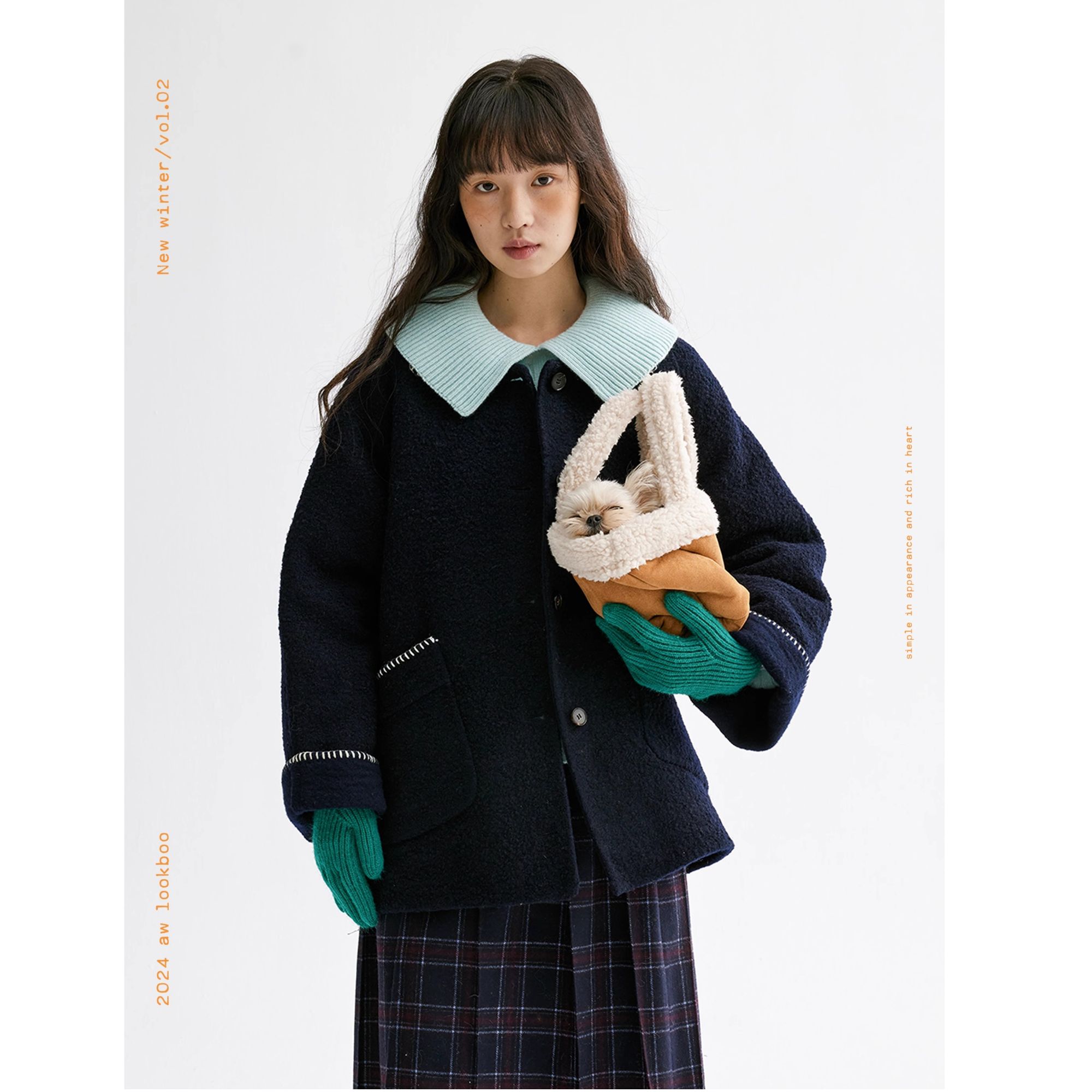 「白描工作间」"云雾松林"马海毛羊毛撞色贝壳绣双面毛呢大衣外套