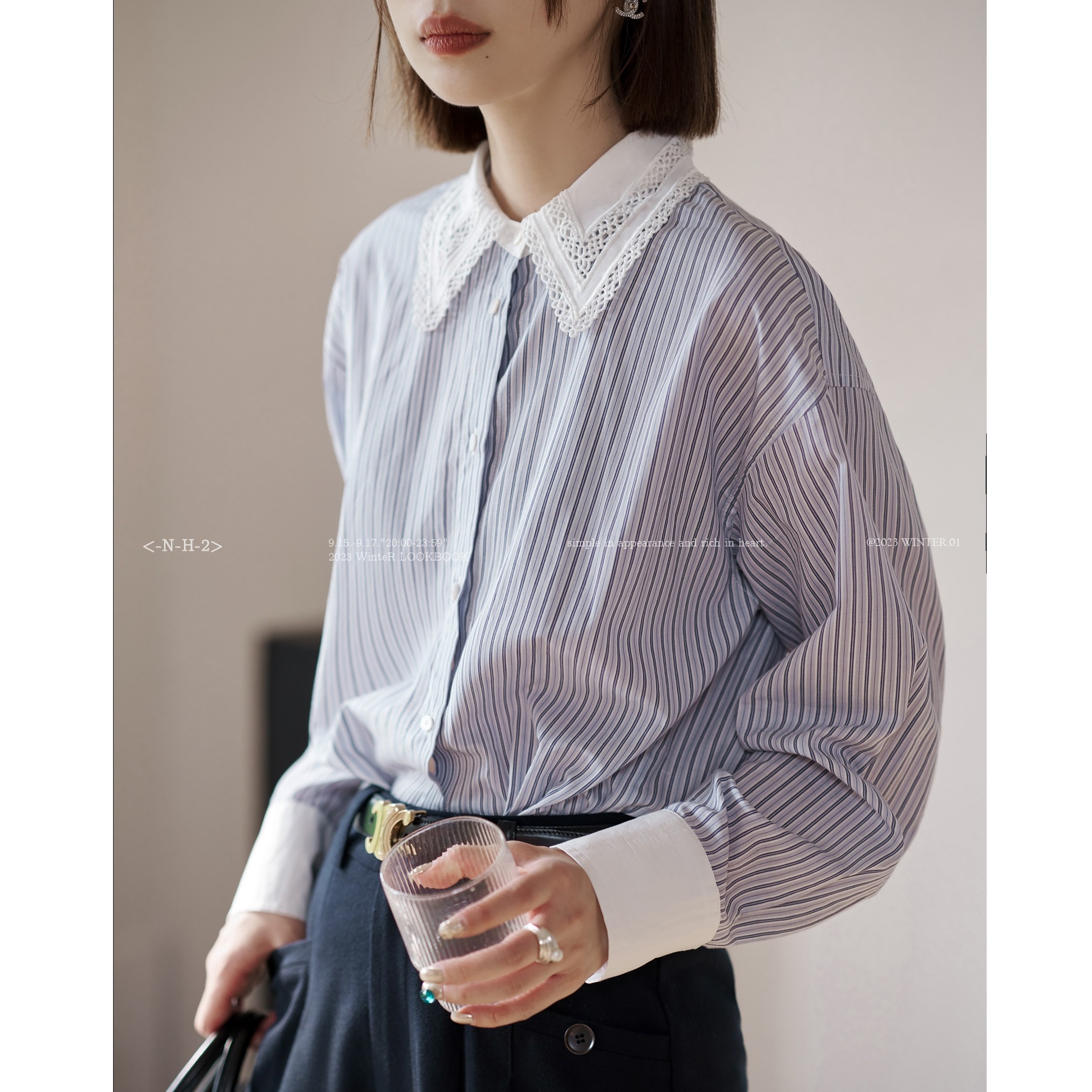 「白描工作间」“悠然时刻”80S高密棉 定制色织条纹绣花领衬衫女休闲