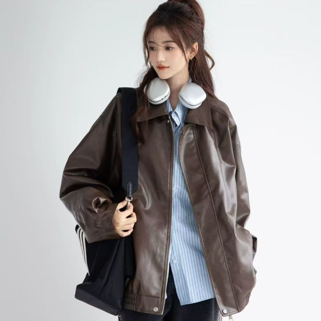 8777高级感美式复古皮衣外套男女同款情侣款棕色翻领设计休闲夹克