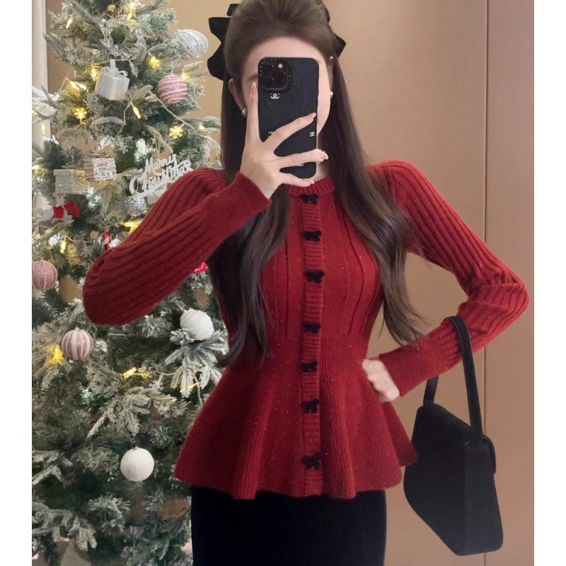 新年战袍红色小香风气质毛衣内搭荷叶修身显瘦针织衫秋冬长袖上衣
