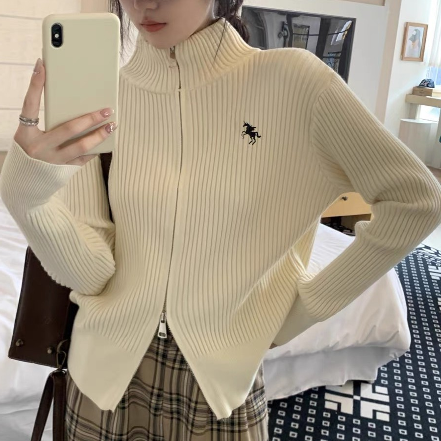 2025早秋新款立领刺绣独角兽双拉链针织开衫设计感显瘦百搭上衣女