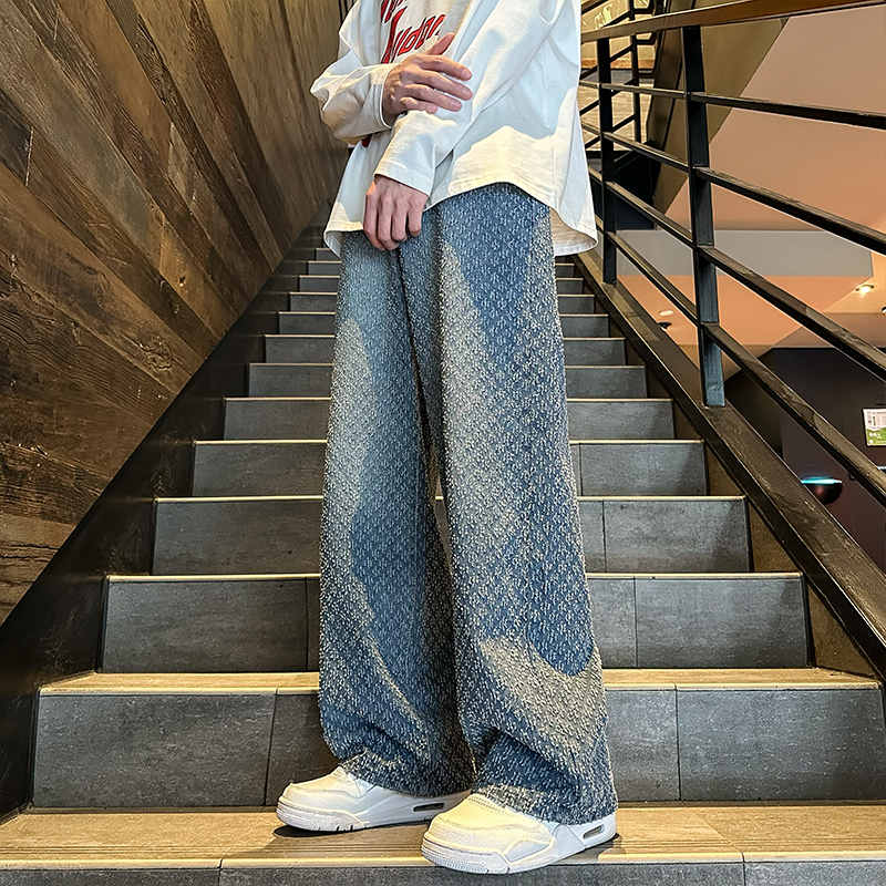 牛仔裤男提花满印春秋休闲牛仔裤美式裤子男士潮牌痞帅直筒潮流