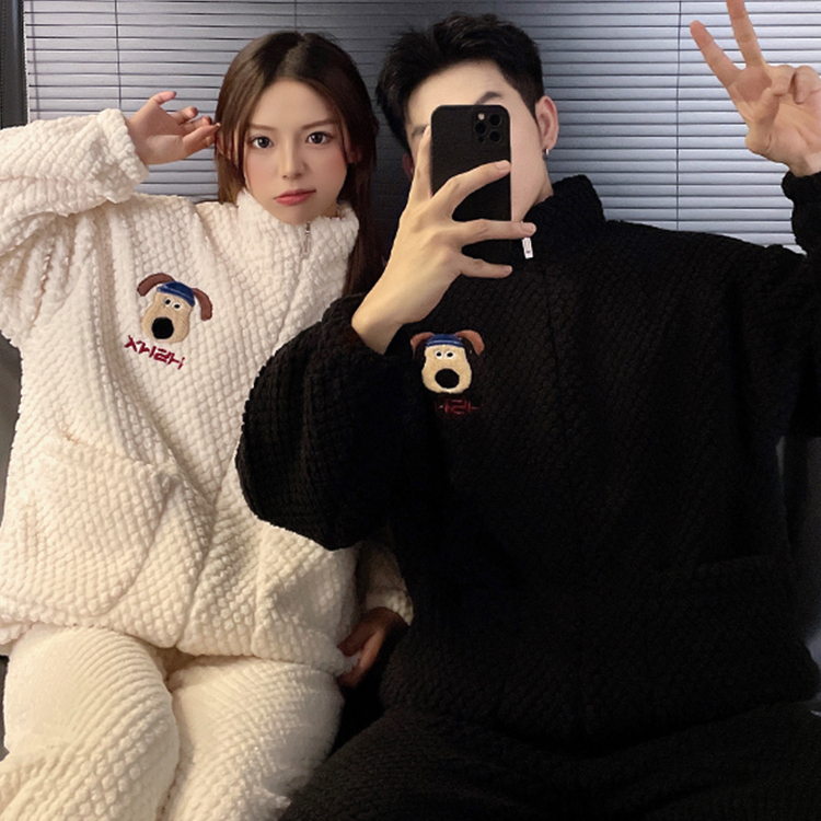 小狗情侣睡男衣女士秋冬季开襟加厚加绒爆款2023新款高级感家居服