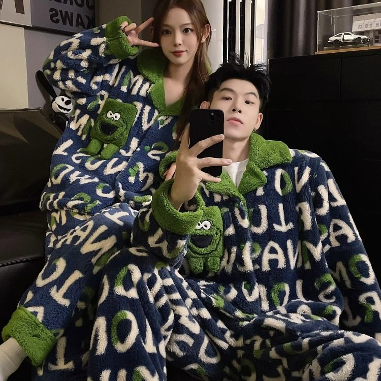 字母情侣睡衣男女士秋冬季开襟珊瑚绒爆款2023新款高级感家居服