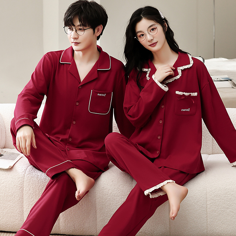 情侣睡衣春秋纯棉长袖加大码大红色结婚喜庆本命年男女家居服套装