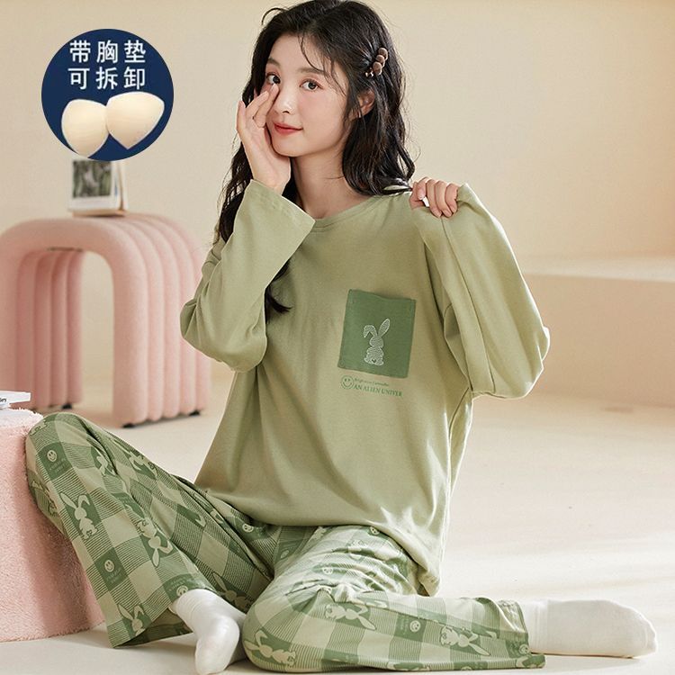 春秋纯棉睡衣女带胸垫长袖长裤套装秋冬大码孕妇宽松可外穿家居服