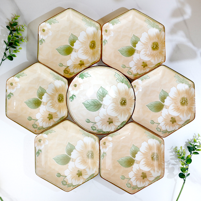 【小扬哥推荐】山茶花餐具套装六角盘拼盘盘子套装釉下彩陶瓷釉下