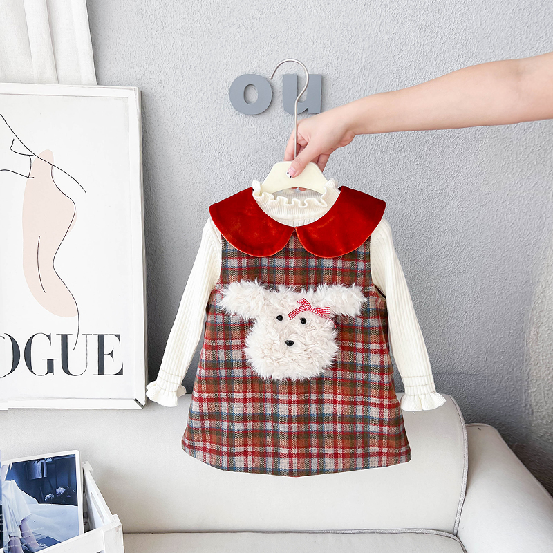 女童格子小狗加绒背心裙女宝宝连衣裙