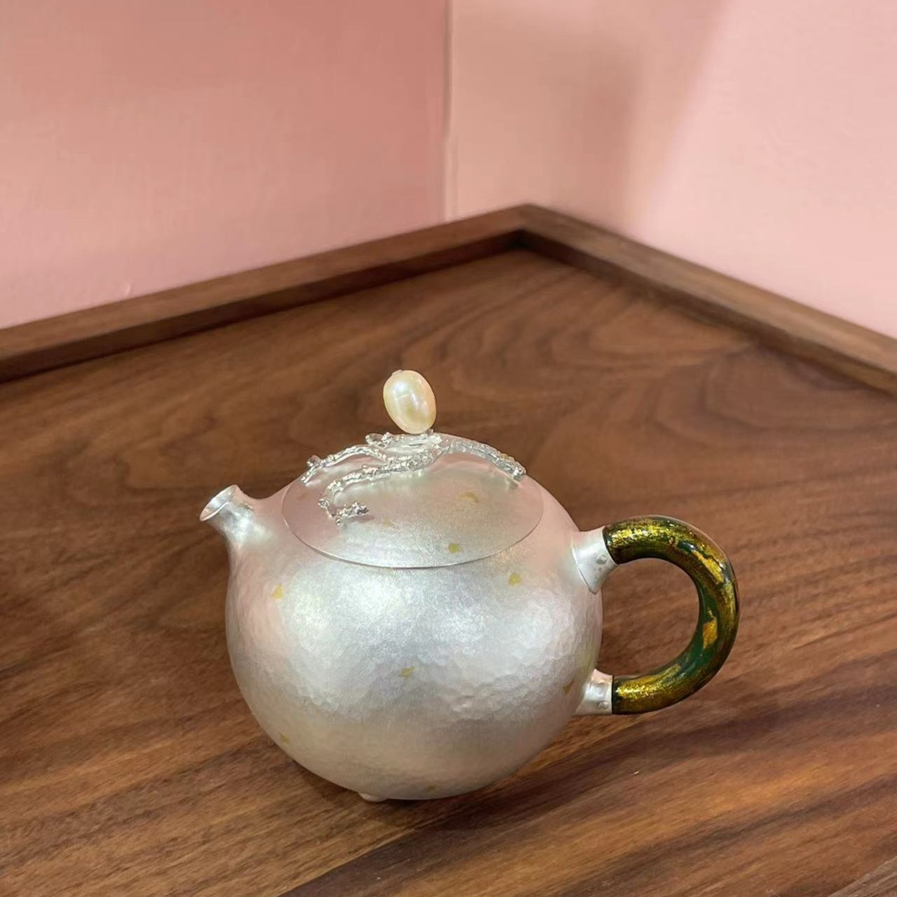 蜂鸟工坊手工艺品漆把珍珠洒金银壶三足小壶SXJA1009