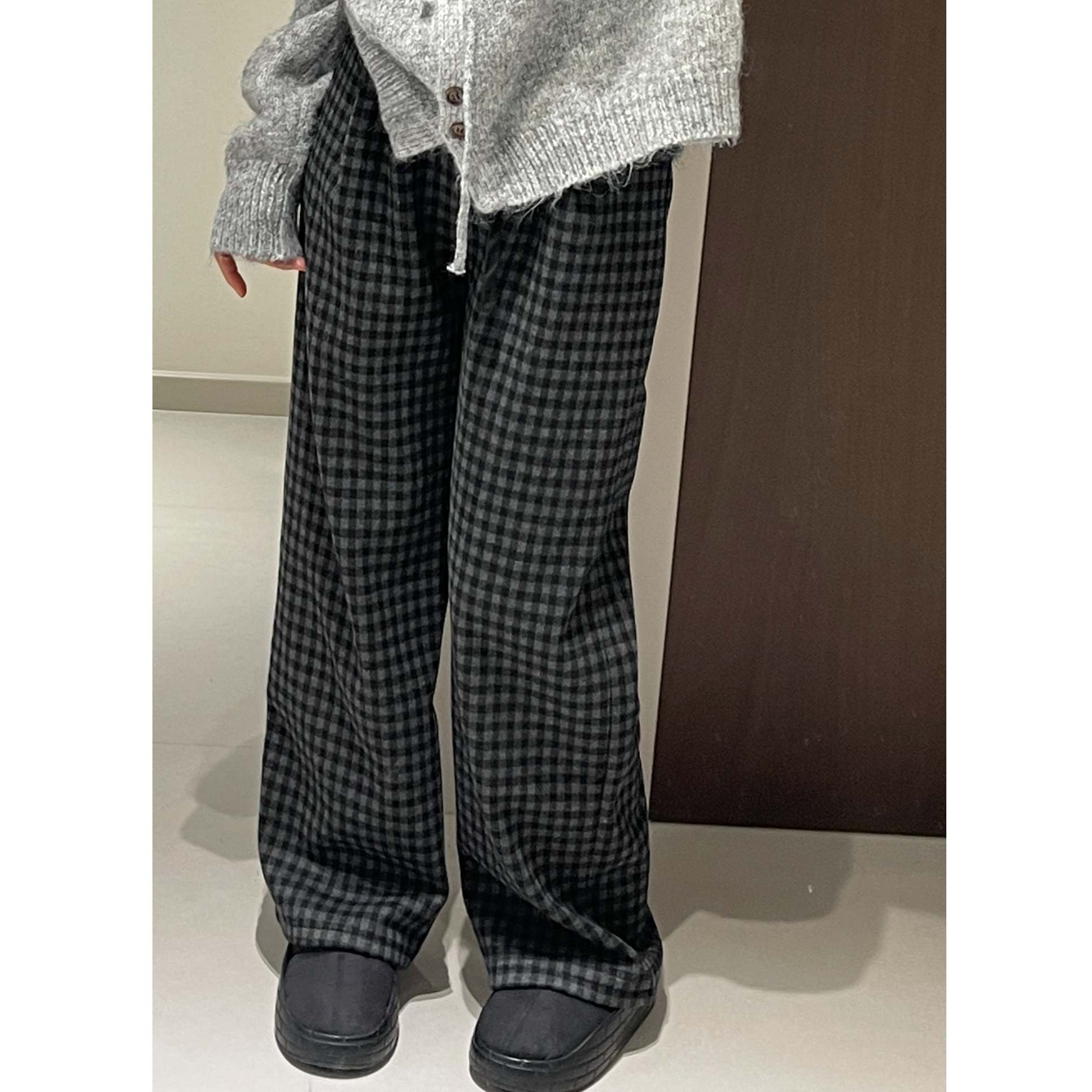 棋盘格毛呢加绒加厚阔腿裤高腰显瘦休闲直筒裤秋冬保暖慵懒托地裤