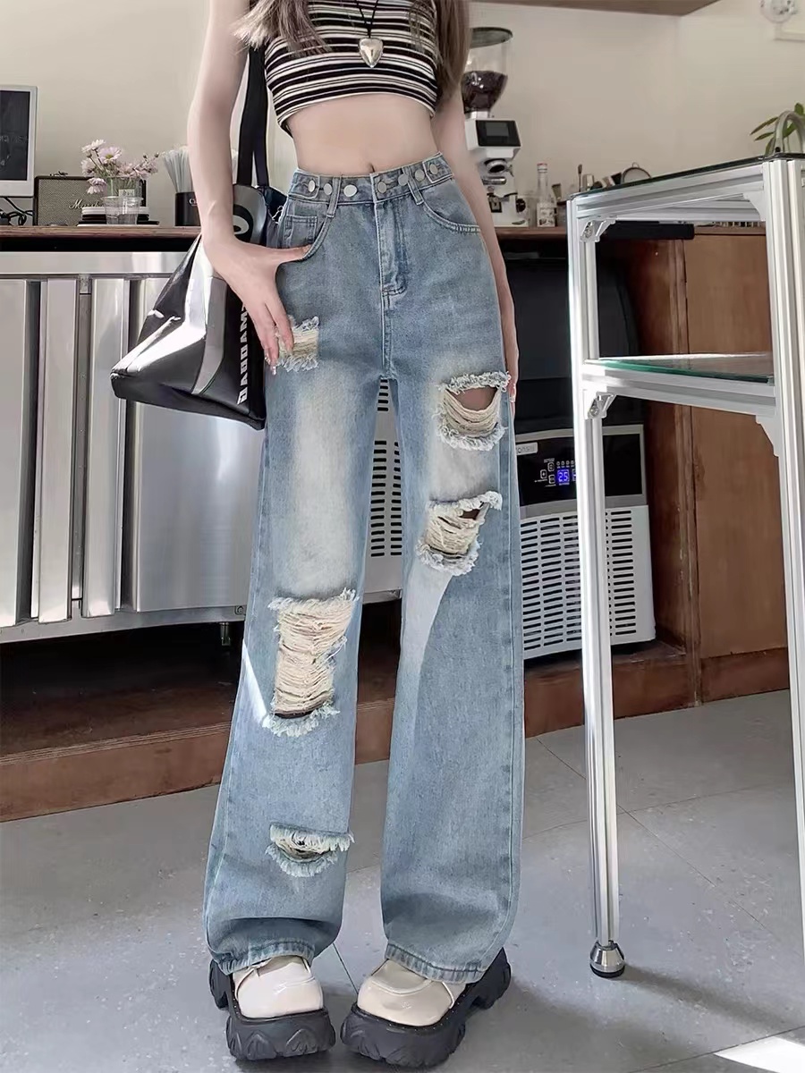 蓝色破洞直筒裤设计感百搭阔腿牛仔裤女小个子高腰时尚宽松显瘦