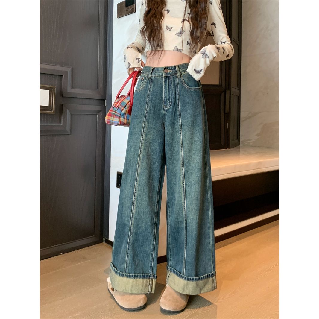 复古蓝翻边撞色阔腿牛仔裤女2024新款小个子设计感拼接宽松显瘦