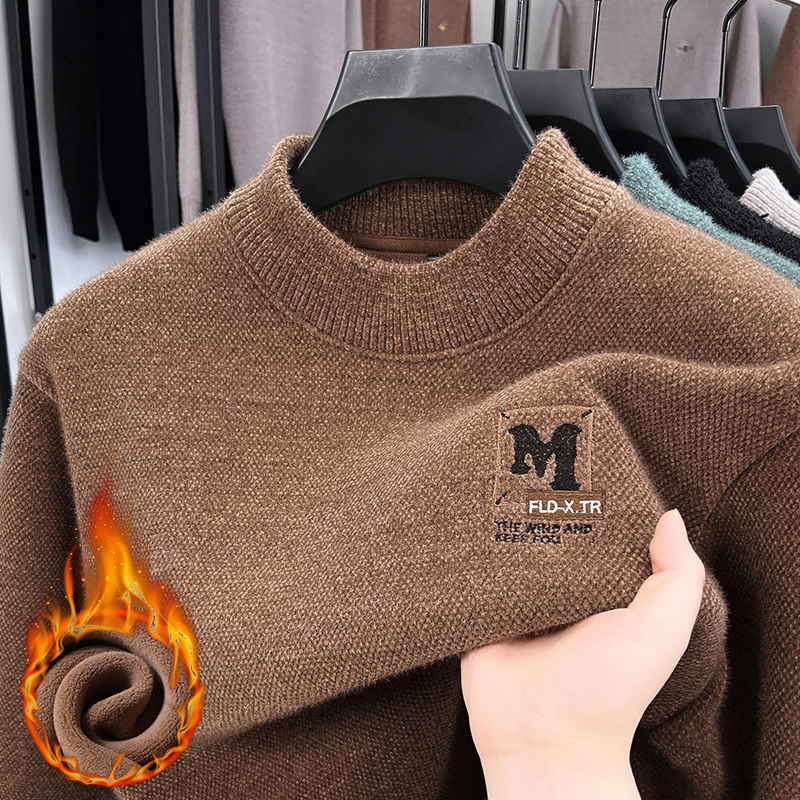 【特厚一体绒】男士半高领加绒加厚毛衣冬季刺绣保暖宽松针织打底衫