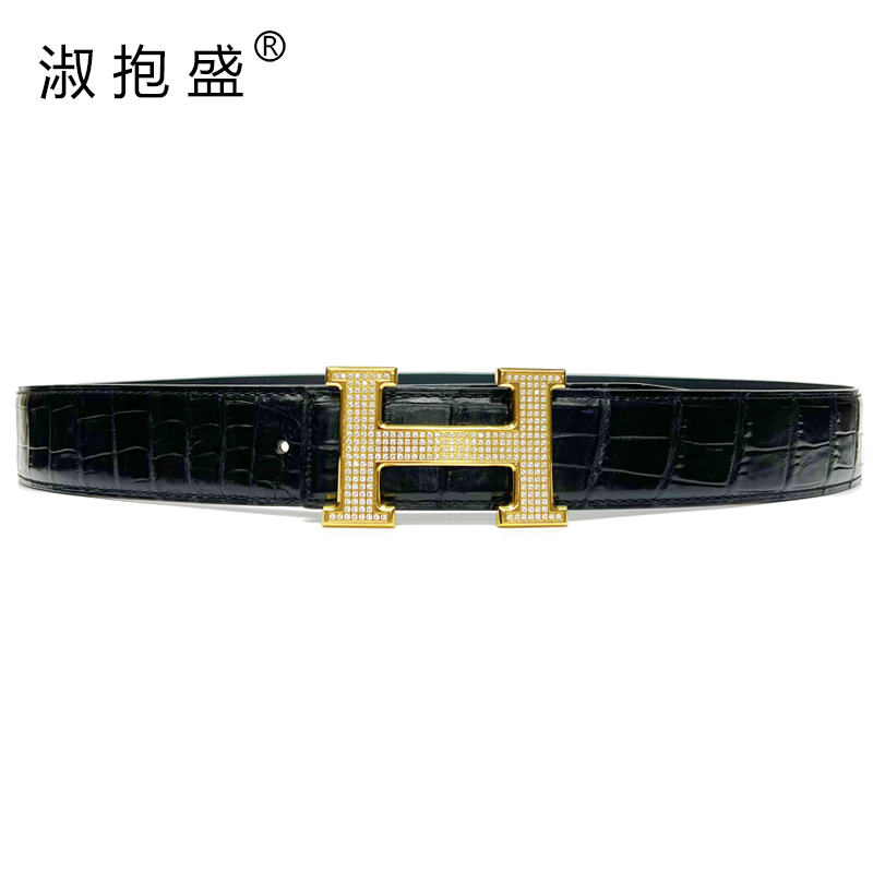 淑抱盛 商务简约扣男士不锈钢扣鳄鱼皮腰带真皮带