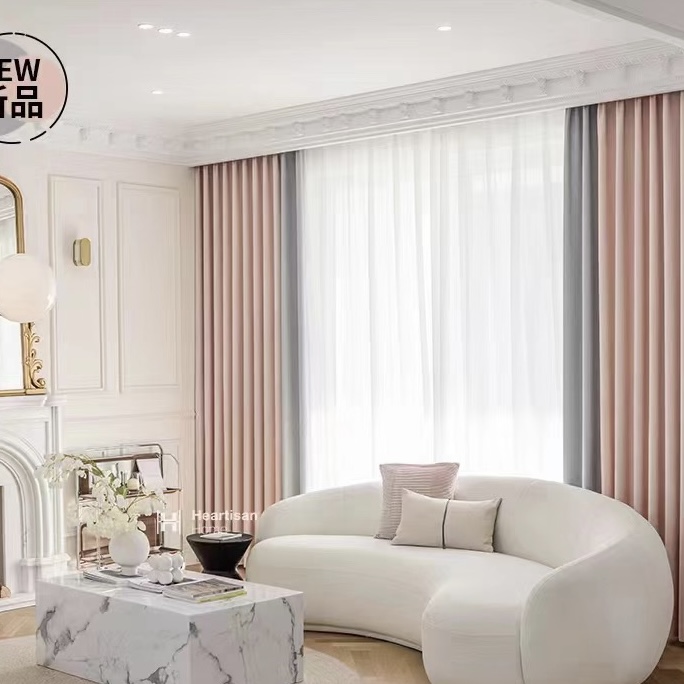 加厚遮光棉朵麻成品窗帘卧室新款现代简约拼色樱花粉+奶油灰