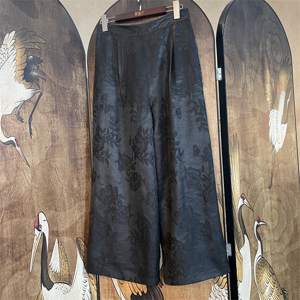 【618】新中式国风 时尚百搭复古黑色阔腿休闲裤163923 油缎织花97