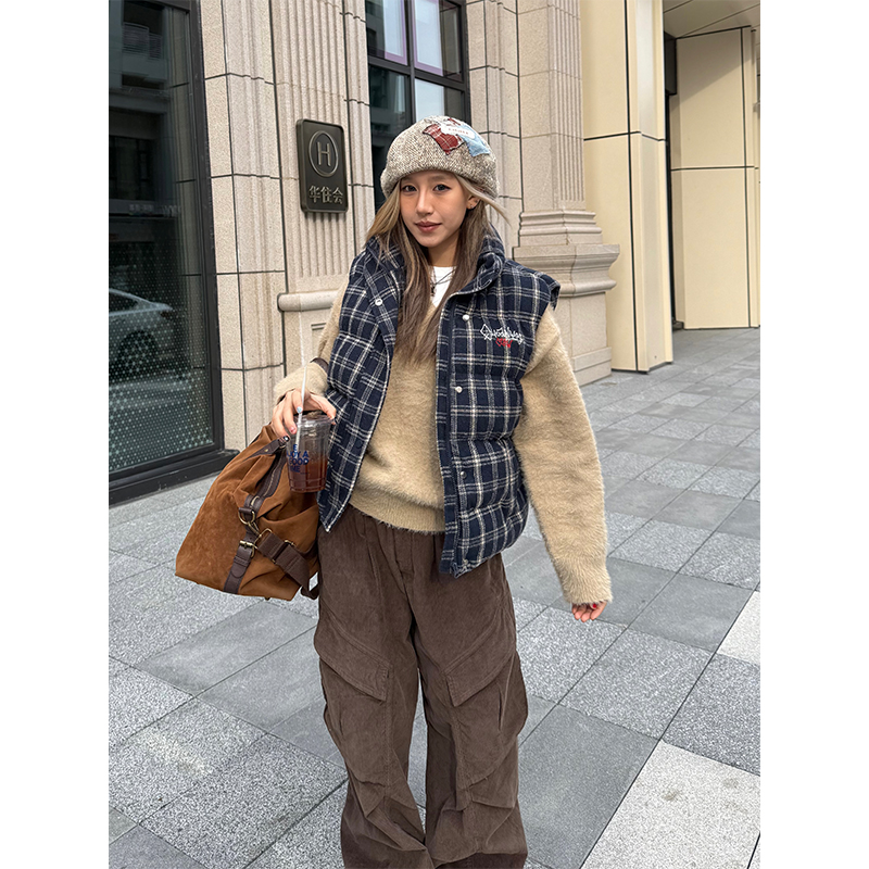 CCYE川川也美式复古经典格子马甲棉服男女宽松夹棉外套加厚ins冬