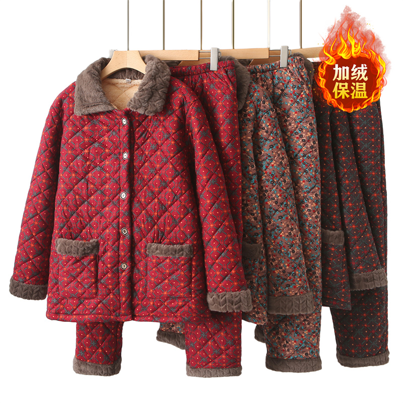 胖妈妈冬装加厚保暖加肥加大两件套棉袄套装中老年女碎花加绒棉衣