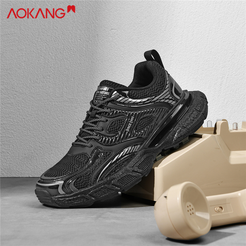 奥康男鞋秋冬厚底耐磨休闲运动鞋男士时尚百搭黑色网面增高老爹鞋