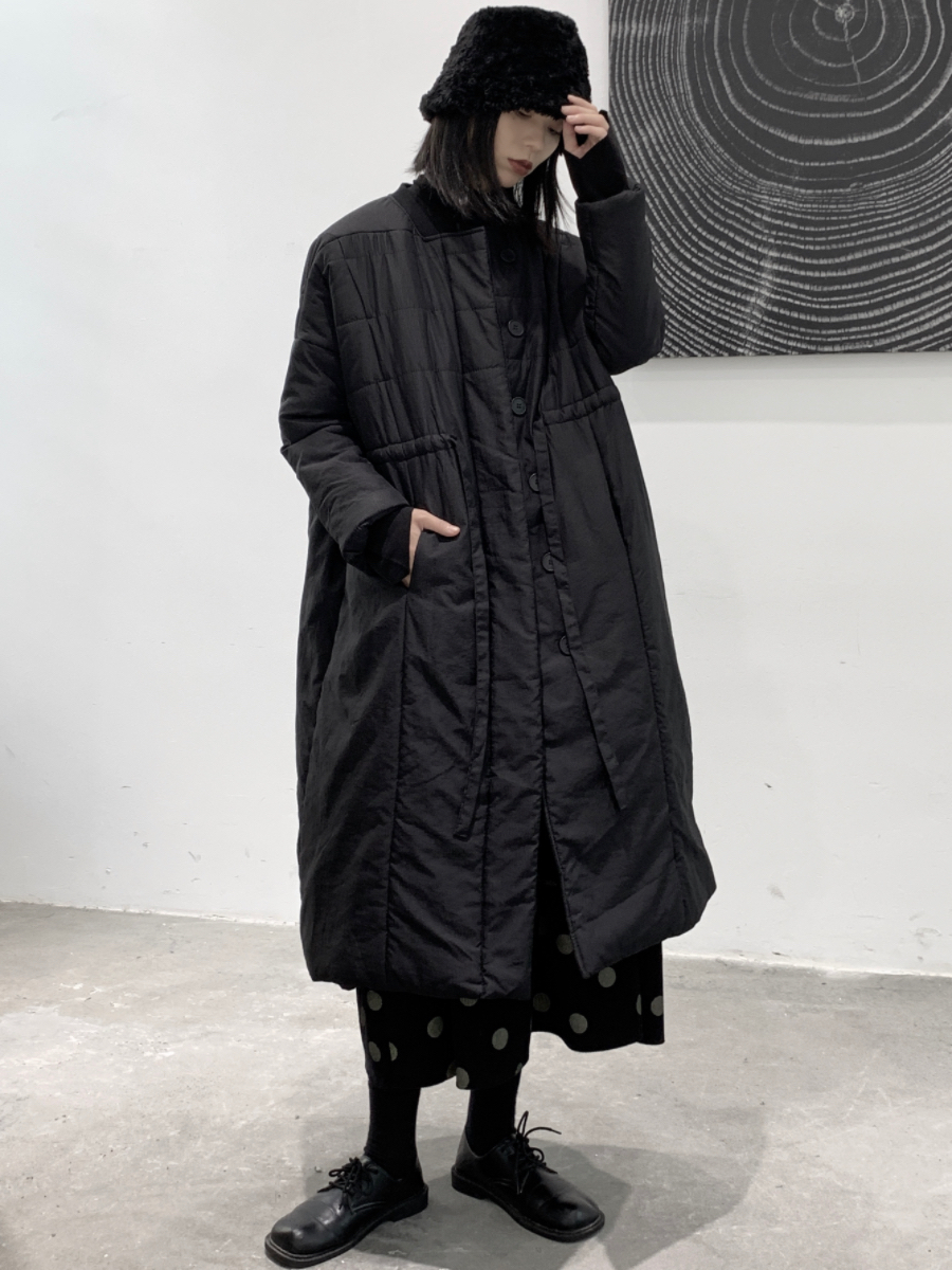 【晚李四季】冬季中长款抽腰设计棉服外套 黑色宽松