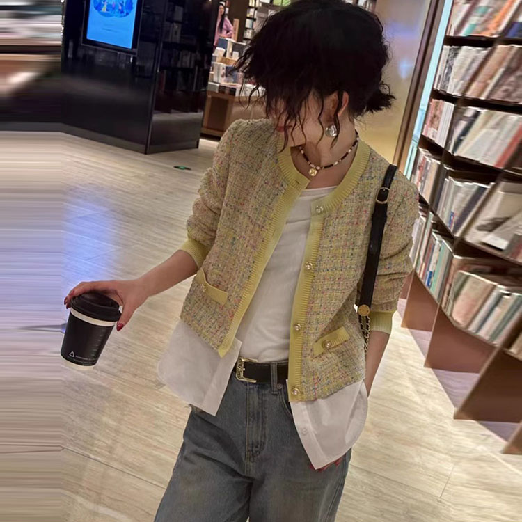 YongLeap柜品高货早秋新品小香风假两件拼接衬衫外套