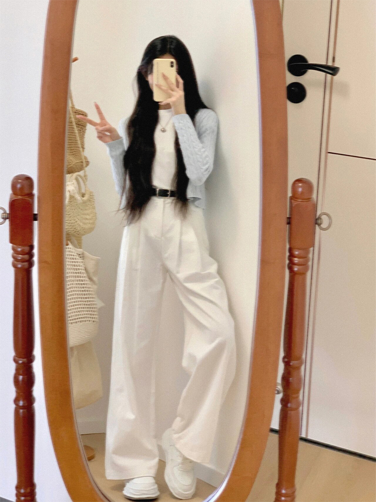 大码微胖高级感白色直筒牛仔裤女夏季新款高腰显瘦垂感拖地阔腿裤