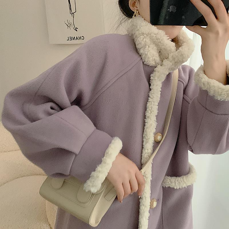 毛茸茸温柔风韩系羊羔绒外套女2023年新款冬季香芋紫毛呢大衣加绒