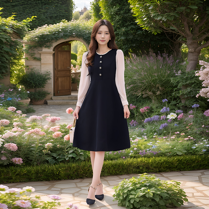 奢姿【城旧梦】2025年秋款大码气质简约花边圆领撞色长袖连衣裙  