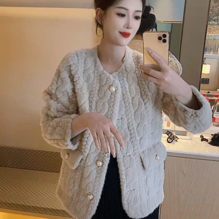 环保毛毛上衣麻花小香风仿水貂毛皮草外套女单排扣2023冬皮毛一体