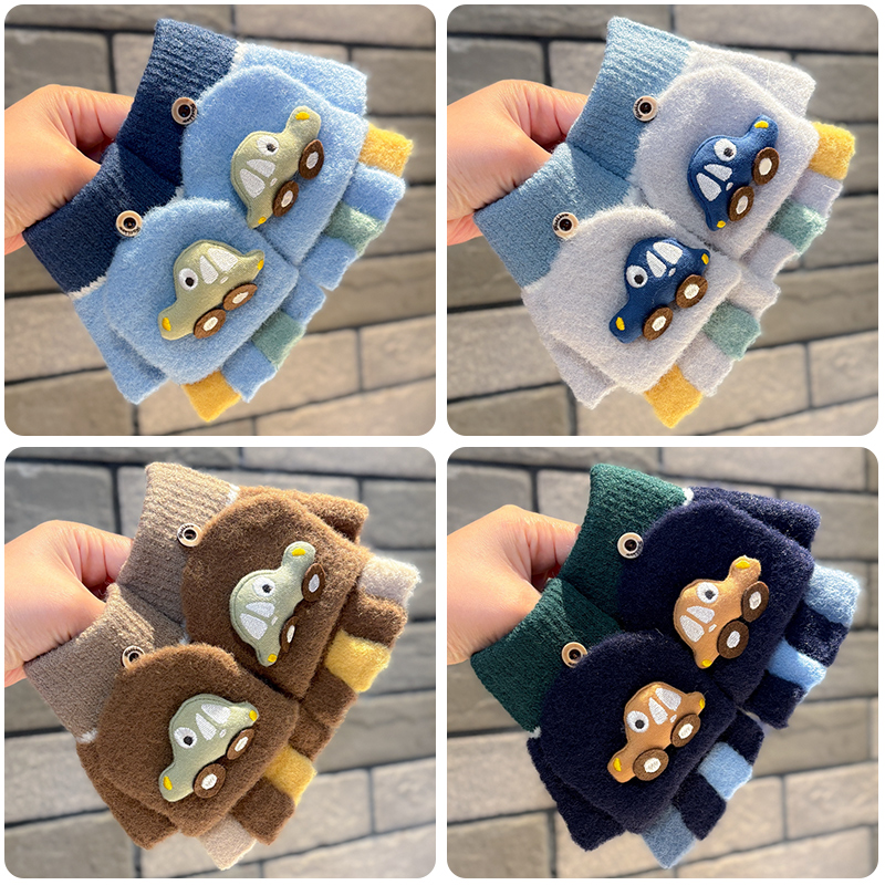 男童冬季卡通手套保暖户外骑行防寒儿童可爱学生写字防冻翻盖