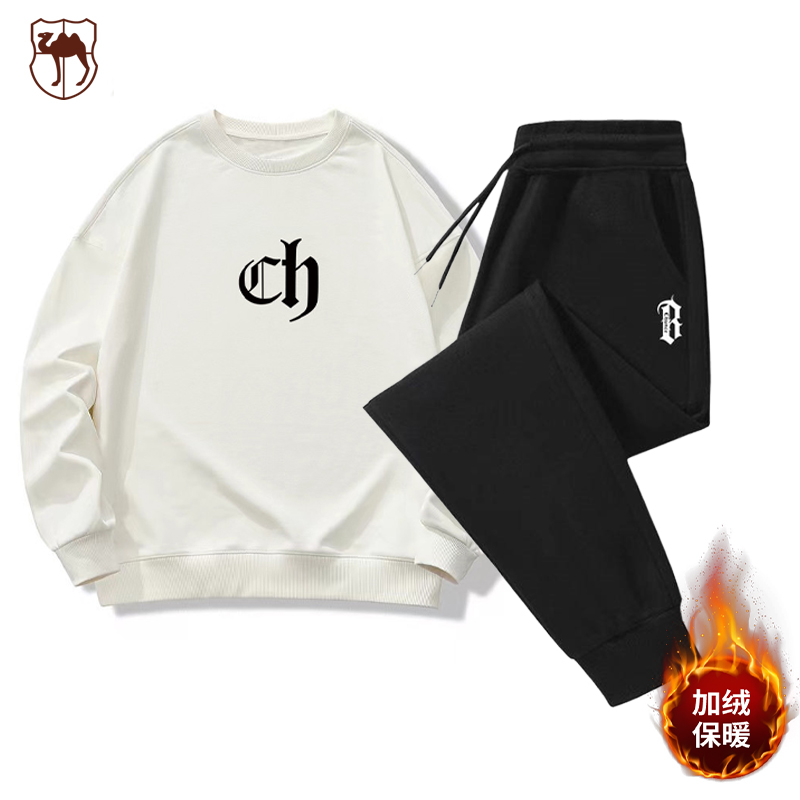 西域骆驼长袖休闲宽松纯色加绒百搭卫衣卫裤套装AWCH01JR