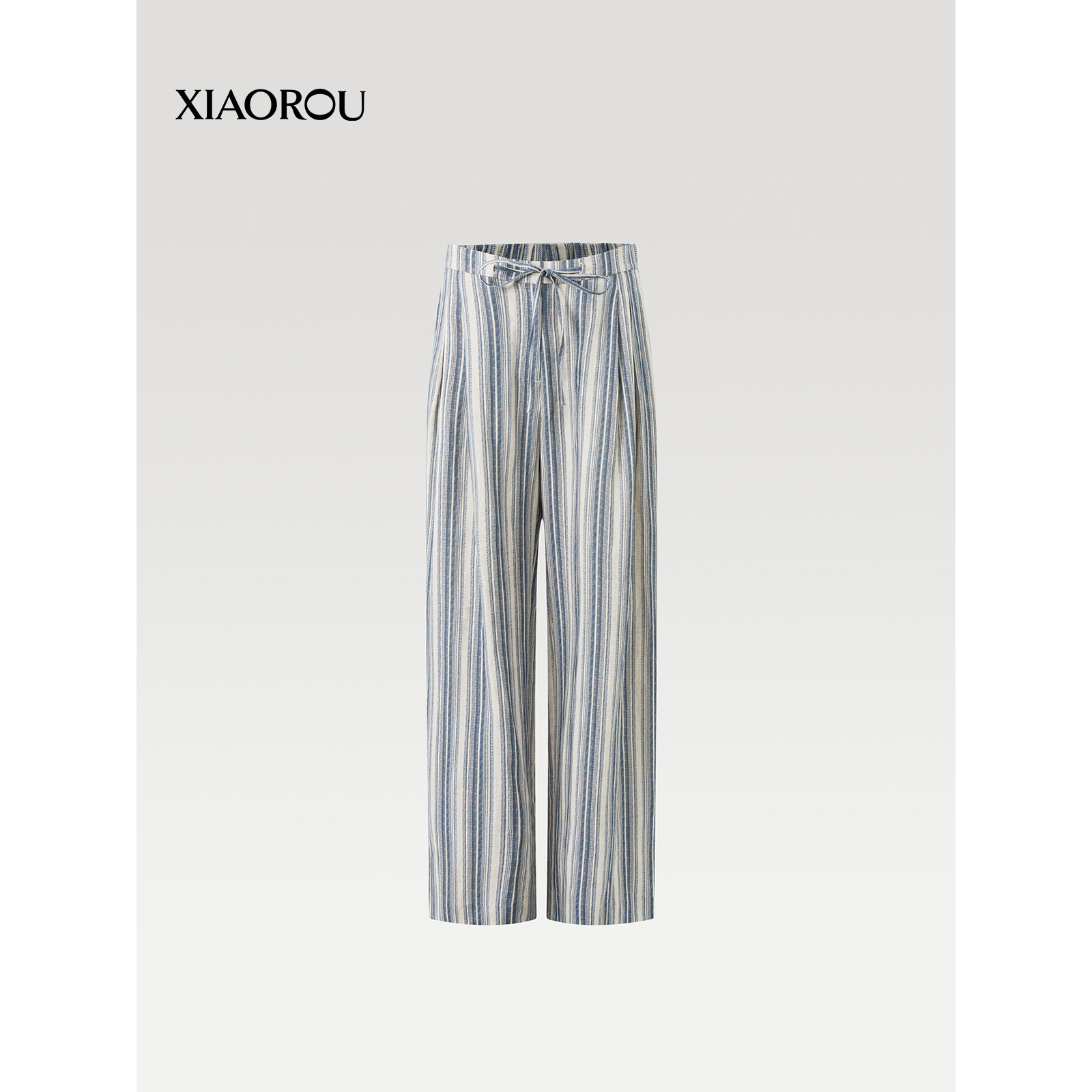 XIAOROU/小柔 JA1073法式慵懒风设计感条天丝亚麻抽绳直筒裤