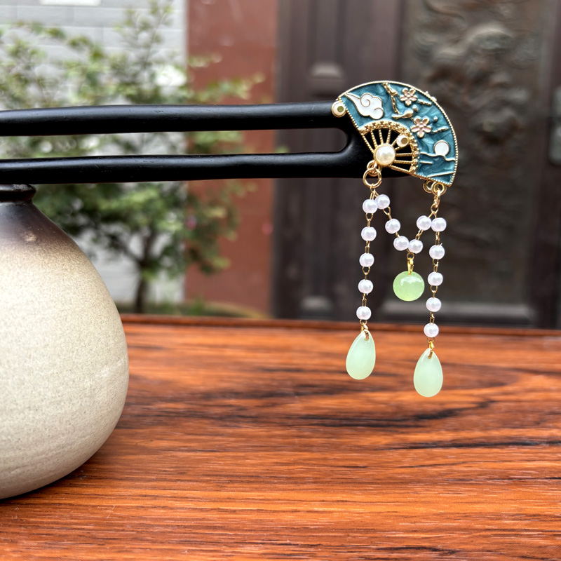 黑檀木发簪15cm双面【梅花扇】古风国风发簪新中式盘发汉服旗袍配饰