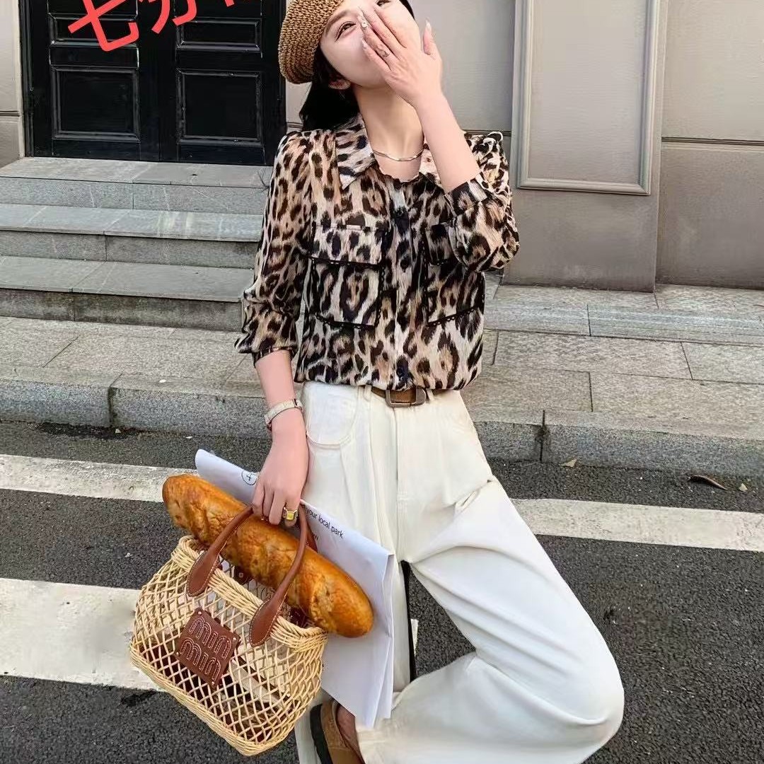 8807法式御姐风豹纹七分袖衬衫女显瘦洋气衬衣复古气质上衣