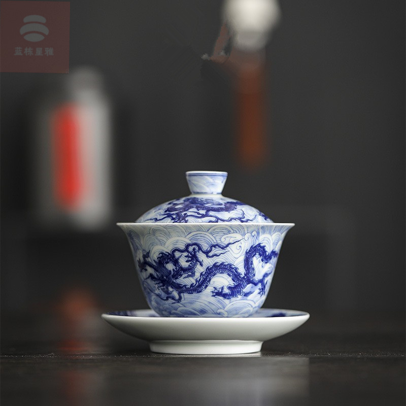 景德镇青花龙纹盖碗高档仿古家用三才盖杯功夫茶具泡茶碗不烫手