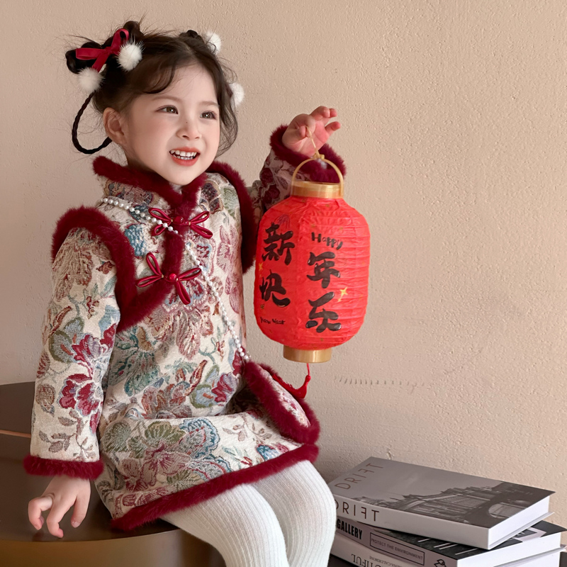女童冬季中国风新款唐装女童加厚新年旗袍拜年服喜庆宝宝冬装汉服