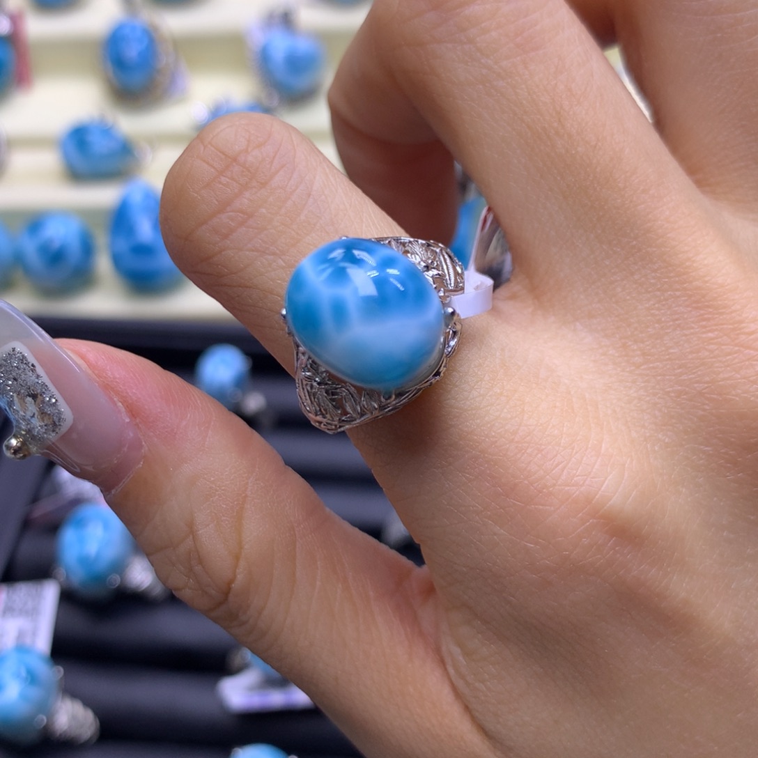 银S925镶嵌针钠钙石（海纹石）戒指精品蛋面